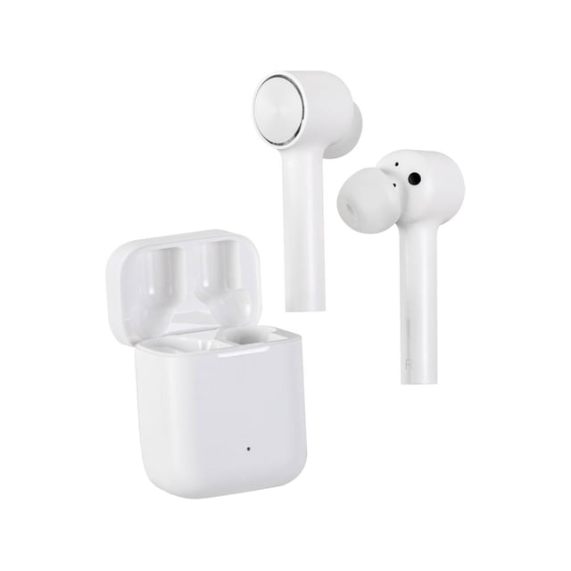 audifonos xiaomi mi true wireless earphones blancos xiaomi mi true wireless — Par frontal de audífonos True Wireless blancos con estuche de carga abierto; vástagos delgados, una punta de silicón visible en el auricular derecho, acabado brillante blanco, indicador LED en el estuche y contactos de carga internos. Compatibles con iOS y Android y con protección IPX4; suelen usarse también para llamadas manos libres en movilidad.