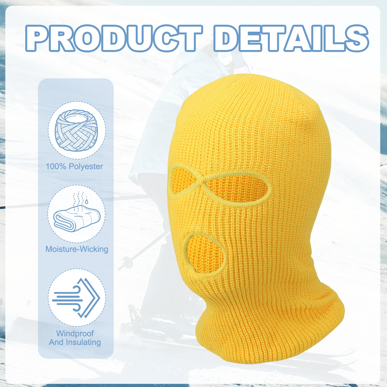 Uxcell 3-Hole Full Face Mask Cover, Ski Mask Knitted Warm Knit Cover Winter Balaclava Face Mask Cap Ski Polyester& 2 Pcs& Yellow -Fitting for ( Men/Women/Winter Outdoor Sports/Skiing)