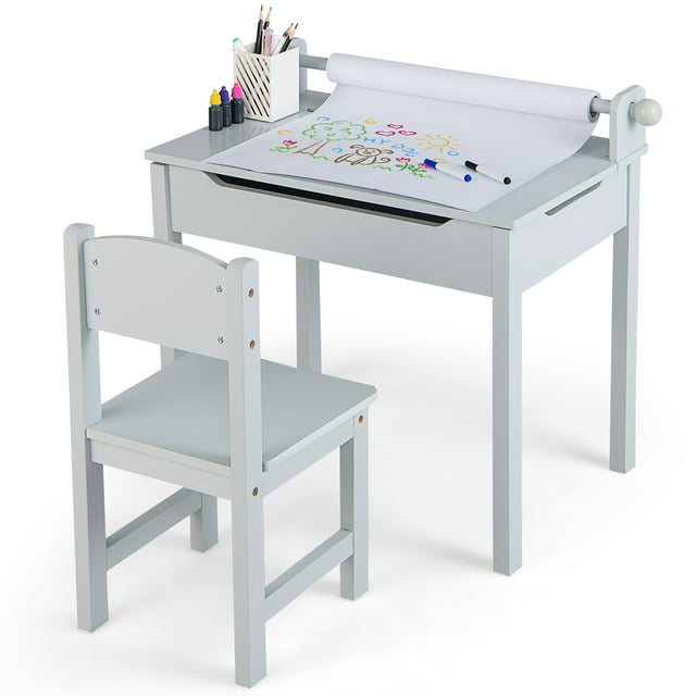 Costway Toddler Craft Table & Chair Set Kids Art Crafts Table with Paper Roll Holder Grey