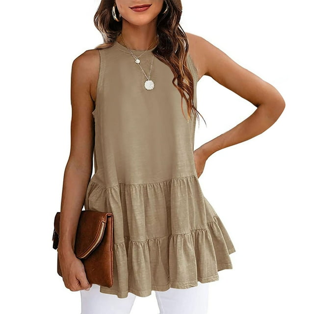 Camiseta sin mangas para mujer, cuello redondo, dobladillo con volantes, tipo suelto, Color puro, Top de verano para uso diario
