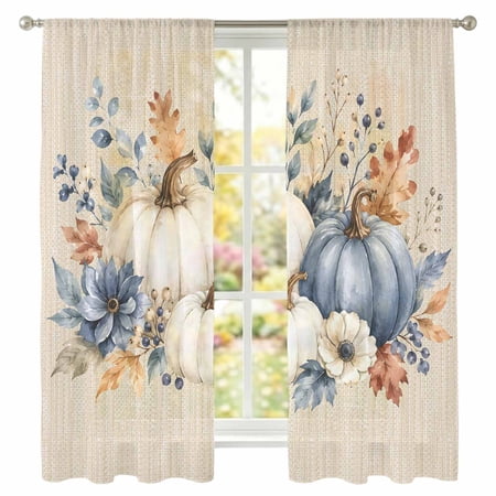 Thanksgiving Beige Sheer Curtains 63 Inch Long 2 Panels Fall Harvest Pumpkin Maple Leaf Flower Berry Light Filtering Rod Pocket Curtains Sheer Voile Drapes for Living Room Bedroom 52 x63