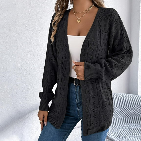 Ofreoo Women's Casual Solid Color Engraved Long Sleeved Sweater Cardigan Jacket Top Women's Quilted Lightweight Jackets Deal for Days Holiday Decor