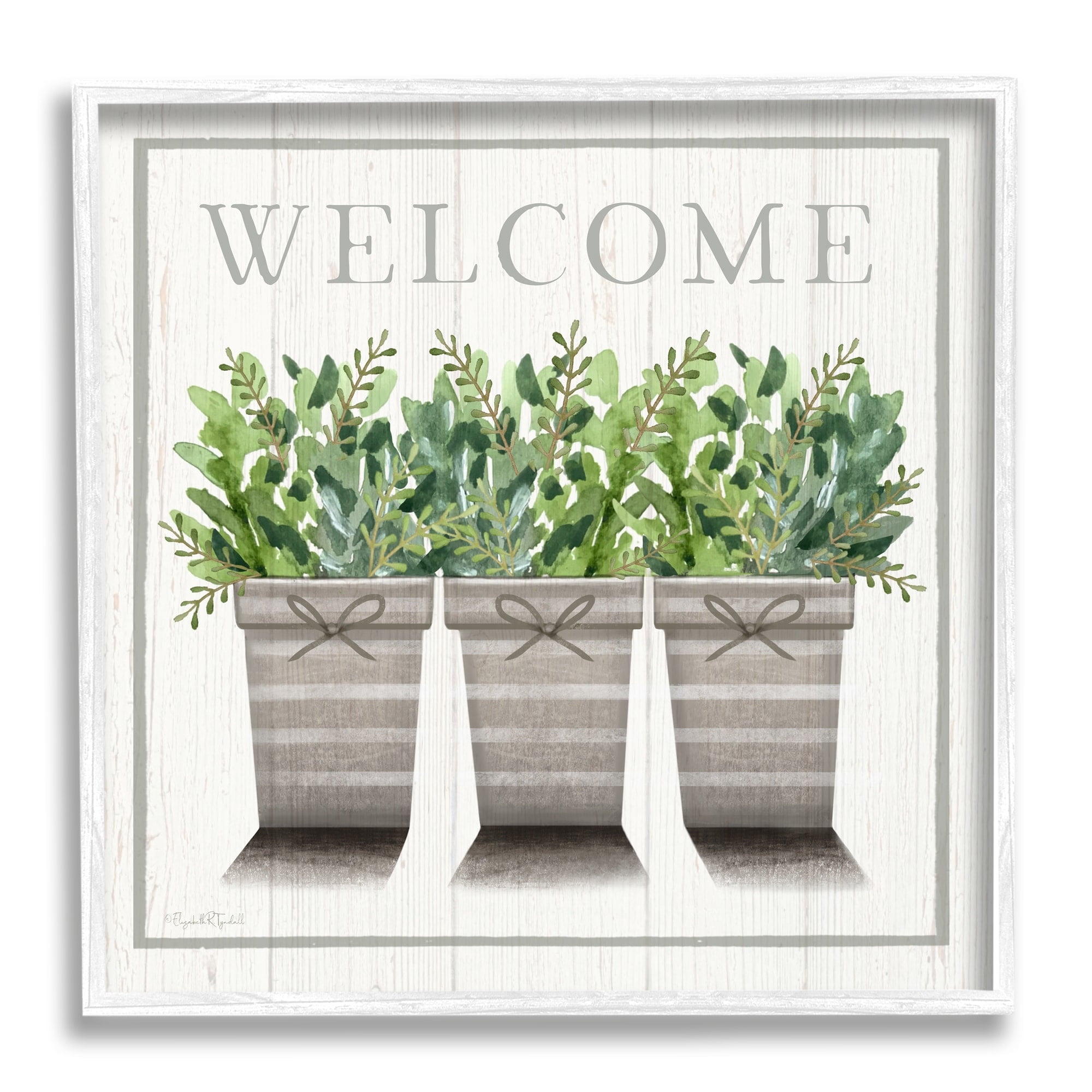 Stupell Industries Welcome Sign Cottage Theme Potted Plants Botanicals Framed Wall Art, 17 x 17, Design by Elizabeth Tyndall