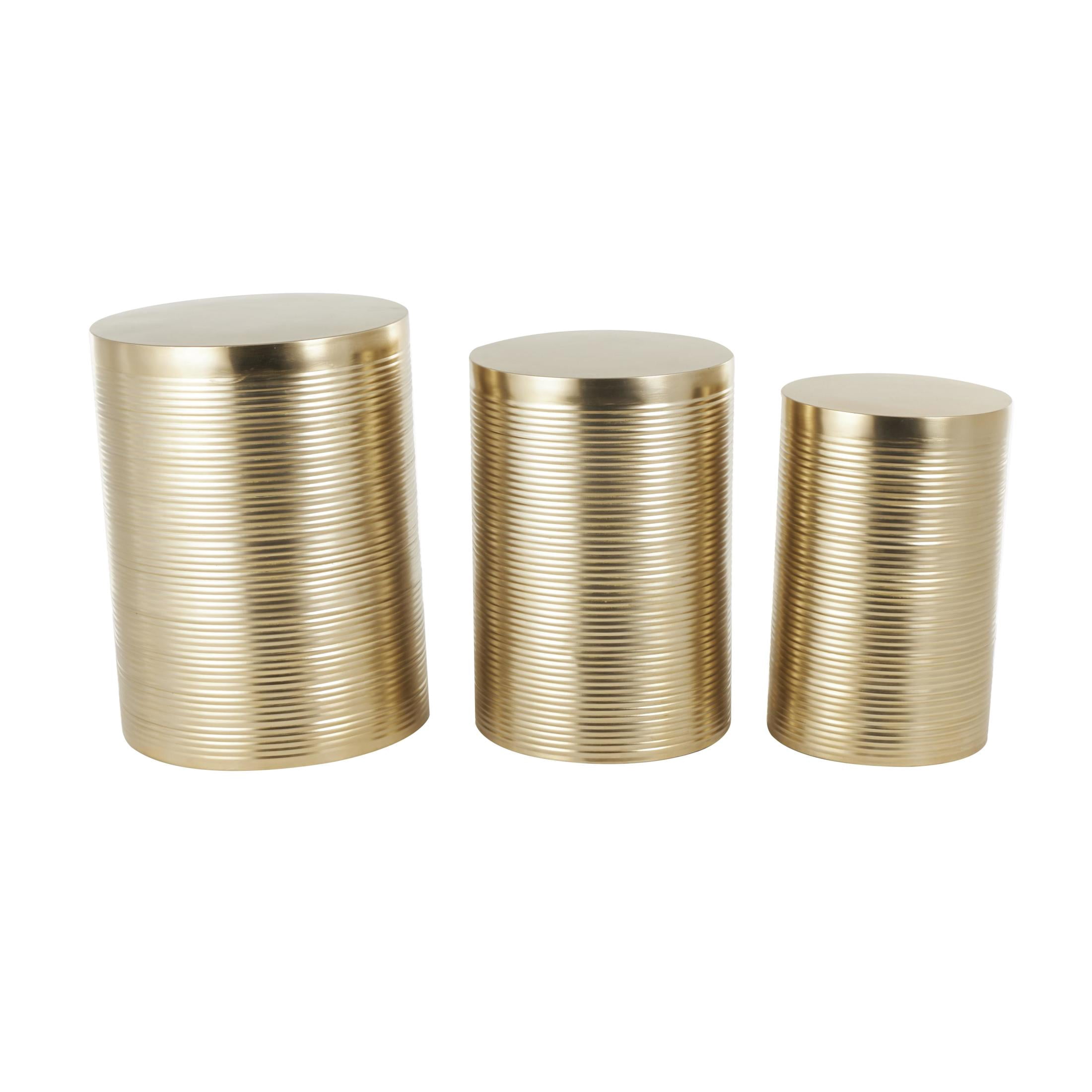 DecMode 18" x 24" Gold Metal Metallic Ribbed Drum Accent Table, 3-Pieces