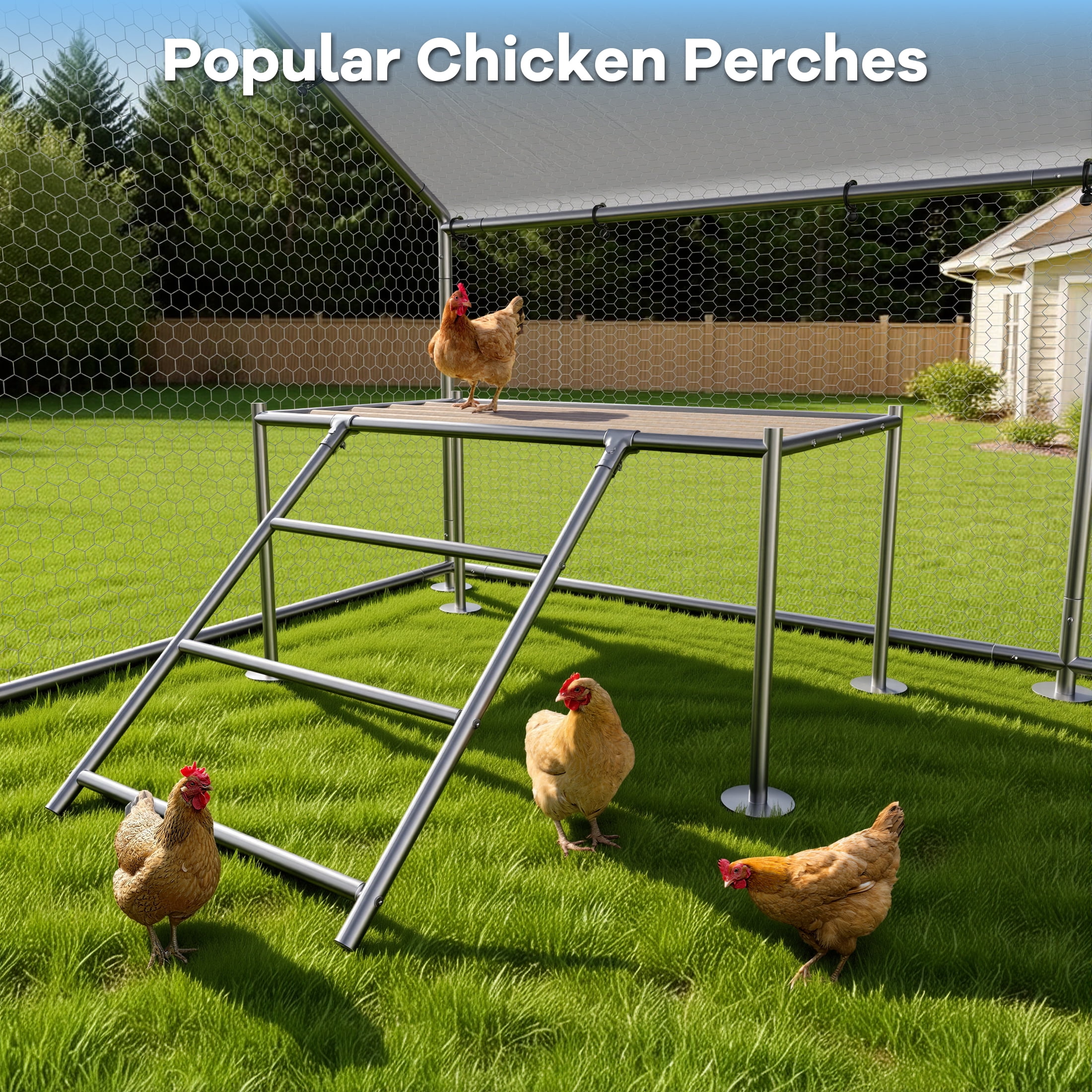 YOKWOK 13.2'Lx10'W Large Metal Chicken Coop for 8-12 Chickens, Walk-in Poultry Cage with Waterproof Cover & Chicken Perch, Heavy Duty Chicken Run for Outdoor Backyard Farm Use, Spire Roof