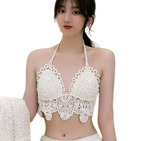 

Ziizwfa Women Summer Boho Crochet Halter Crop Top Hollow Knit Floral Backless Camis Bra Scalloped Trim Padded Beach Bralette