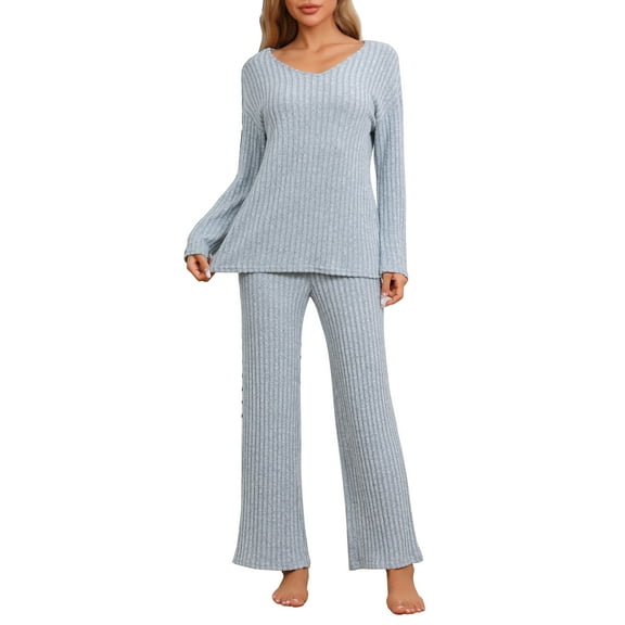 INSPIRE CHIC Women's Lounge Ribbed Knit V Neck Long Sleeve with Pants Pajamas Casual Sleepwear Pajamas Sets S Blue