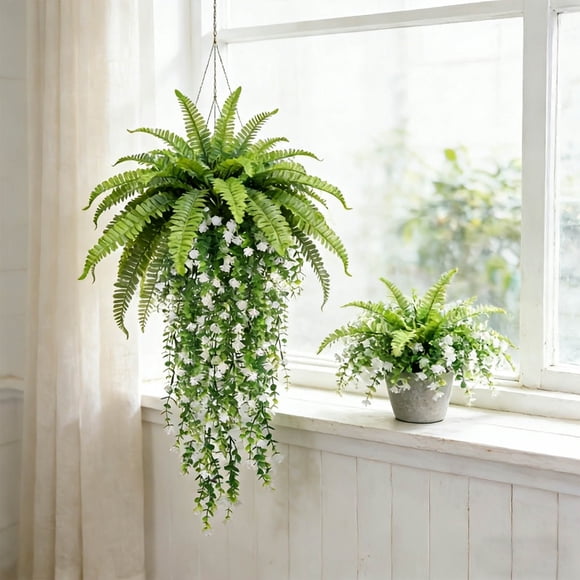 Hanging Fake Plants,4Pc Faux Ferns Ivy Willow Vine Leaves White Flower Artificial Greenery Realistic Vine for Spring Garden Wedding Party Indoor Outdoor Faux Green Plants Flowers Green Leaf Decor