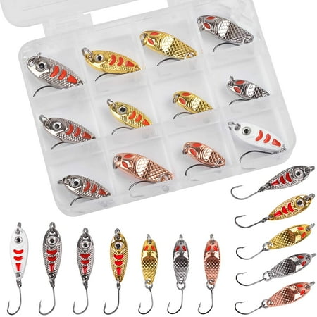 Fishing Jig Lure Spoons Hooks 12pcs Lure Baits Trout Fishing Kit Hard Metal Lures Kit with Tackle Box