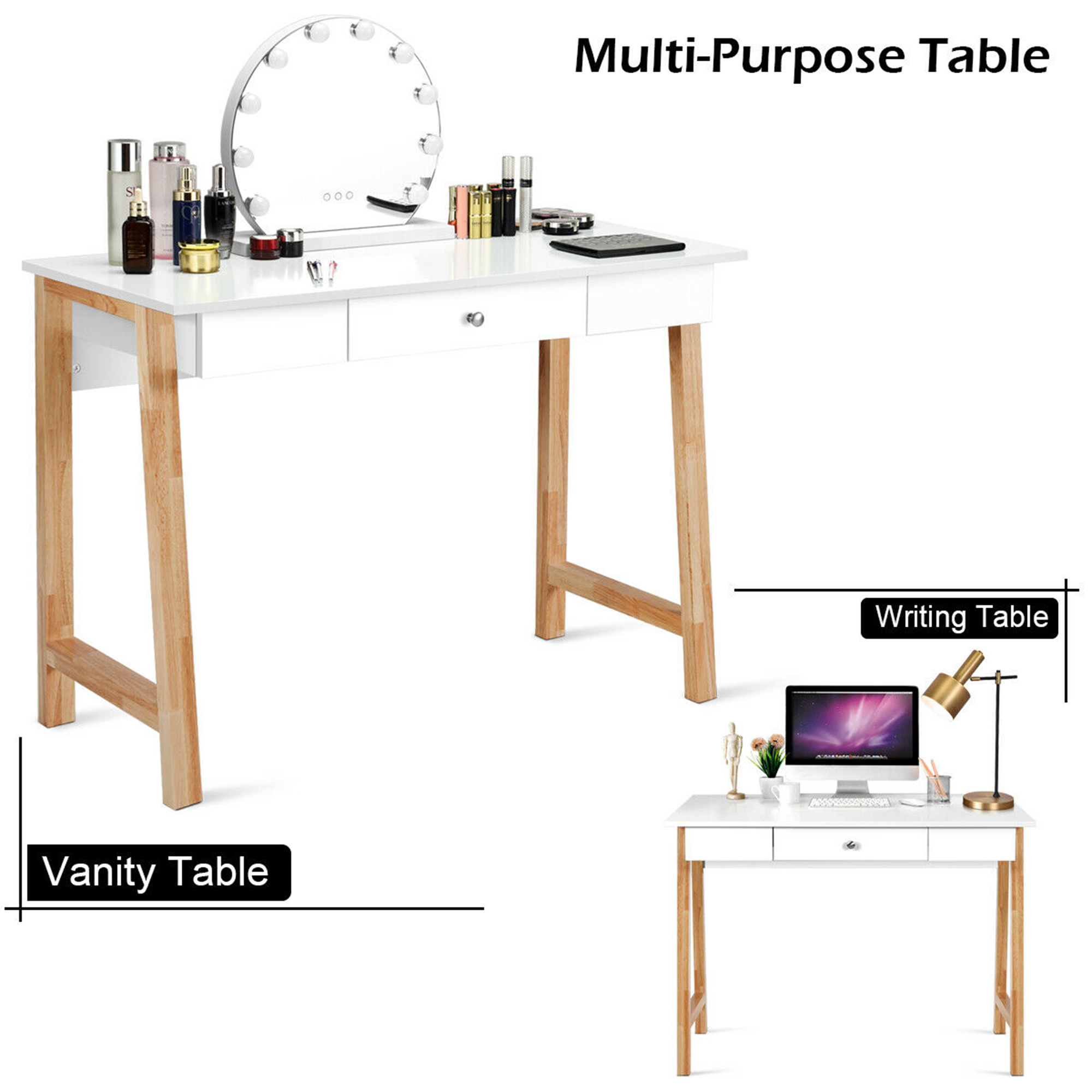 Gymax Fashion Computer Desk Laptop PC Writing Table Makeup Vanity Table w/Drawer and Wood Legs