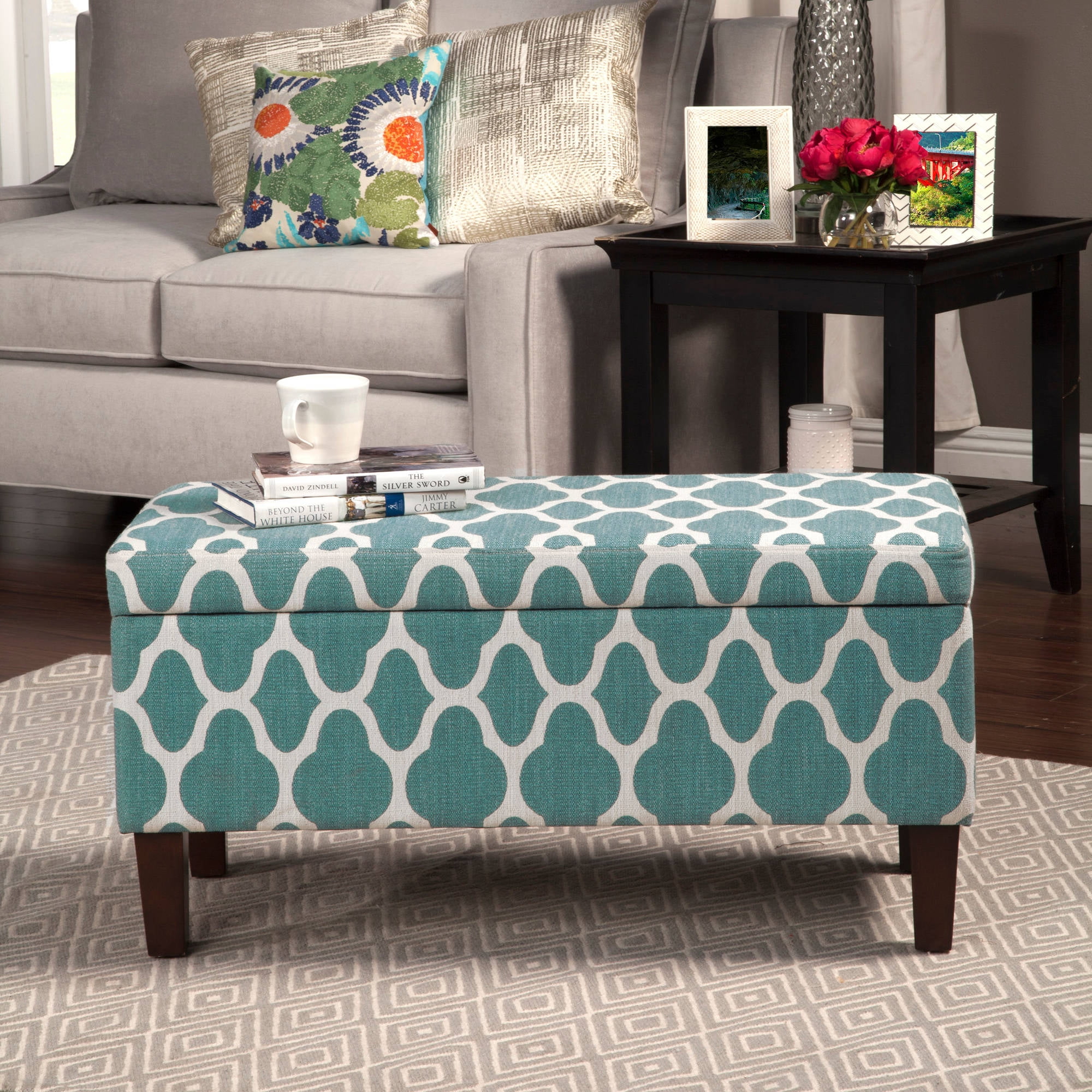 HomePop Drake Large Storage Bench, 36"L x 16"D x 18"H, Teal/Cream Quarterfoil Print