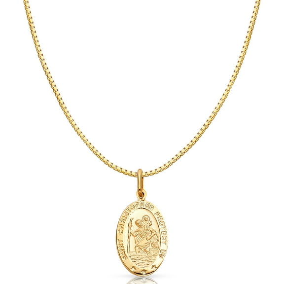 14K Yellow Gold St. Christopher Protect Us Religious Charm Pendant with 0.8mm Box Chain Necklace