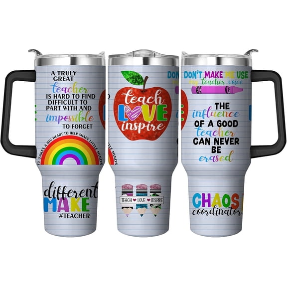 40 Oz Teacher Tumbler with Handle and Straw, Double Wall Coffee Travel Teacher Mug Leak Proof, Stainless Steel Teacher Cup with Handle and Straw, Reusable Insulated Water Bottle 40 Oz Gifts for Women
