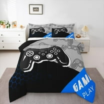 Manfei Game Console Print Full Size Comforter Sets, Black Grey Blue Bedding Comforter Set, Video Gaming Player Reversible Bedding Sets, Microfiber Bedroom Decor, 3 Pieces