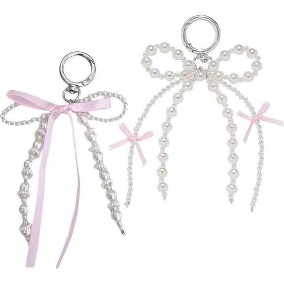 Jiibva 2pcs Sweet Pearl Bow Keychain Fashion Bowknot Pendant Keyring Y2K Key Chain Cute Charm For Bag Pendant Accessories