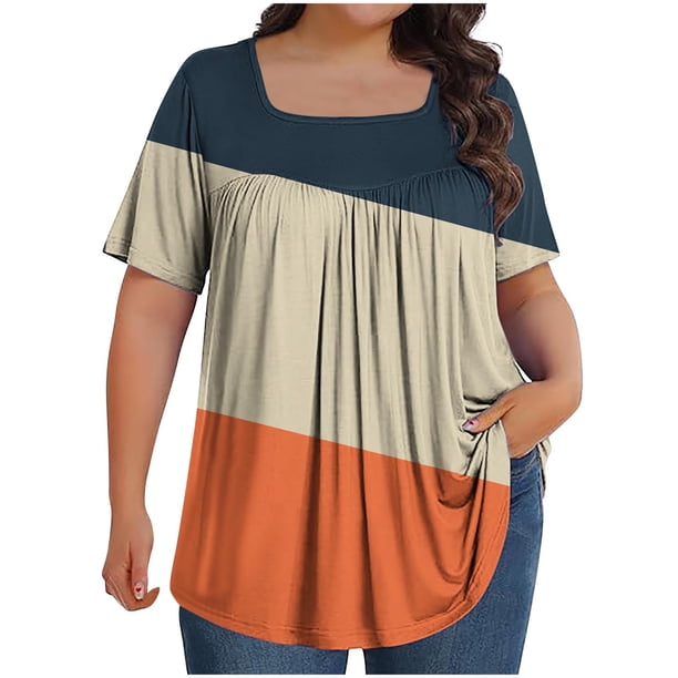Fiudx Ofertas y Liquidaciones Top Holgado de Manga Corta Plisado con Cuello Extragrande Estampado para Mujer L-5Xl