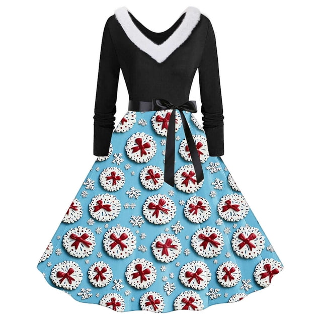 TIMIFIS Robes de Noël pour Femmes, Robes Maxi pour Femmes Robe Vintage de Vacances Manches Longues Col en V en Fourrure Robe Dos Nu