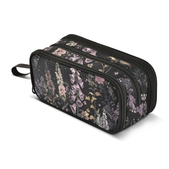 FORMRS Pencil Case with 3 Compartments Zipper Pouch, Elementary School Level and up, Dark Flowers Pattern