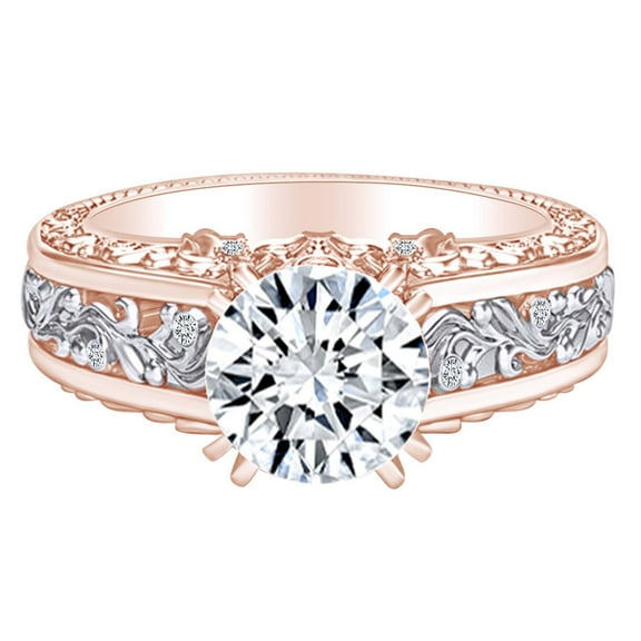 AFFY 2.09 Carat Round Shape Moissanite & Natural Diamond Two-Tone Engagement Ring 14K Solid Rose Gold Ring Size-5
