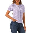 thumbnail image 4 of INSPIRE CHIC Women's Contrast Peter Pan Collar Blouse Puff Short Sleeve Plaid Shirt Top M Purple, 4 of 6