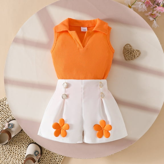 Amidoa Girls 2 Piece Outfits Summer Clothes Solid Color Cute T-Shirts Short Sleeve and Casual Shorts Kids Clothing Set Orange Size 8