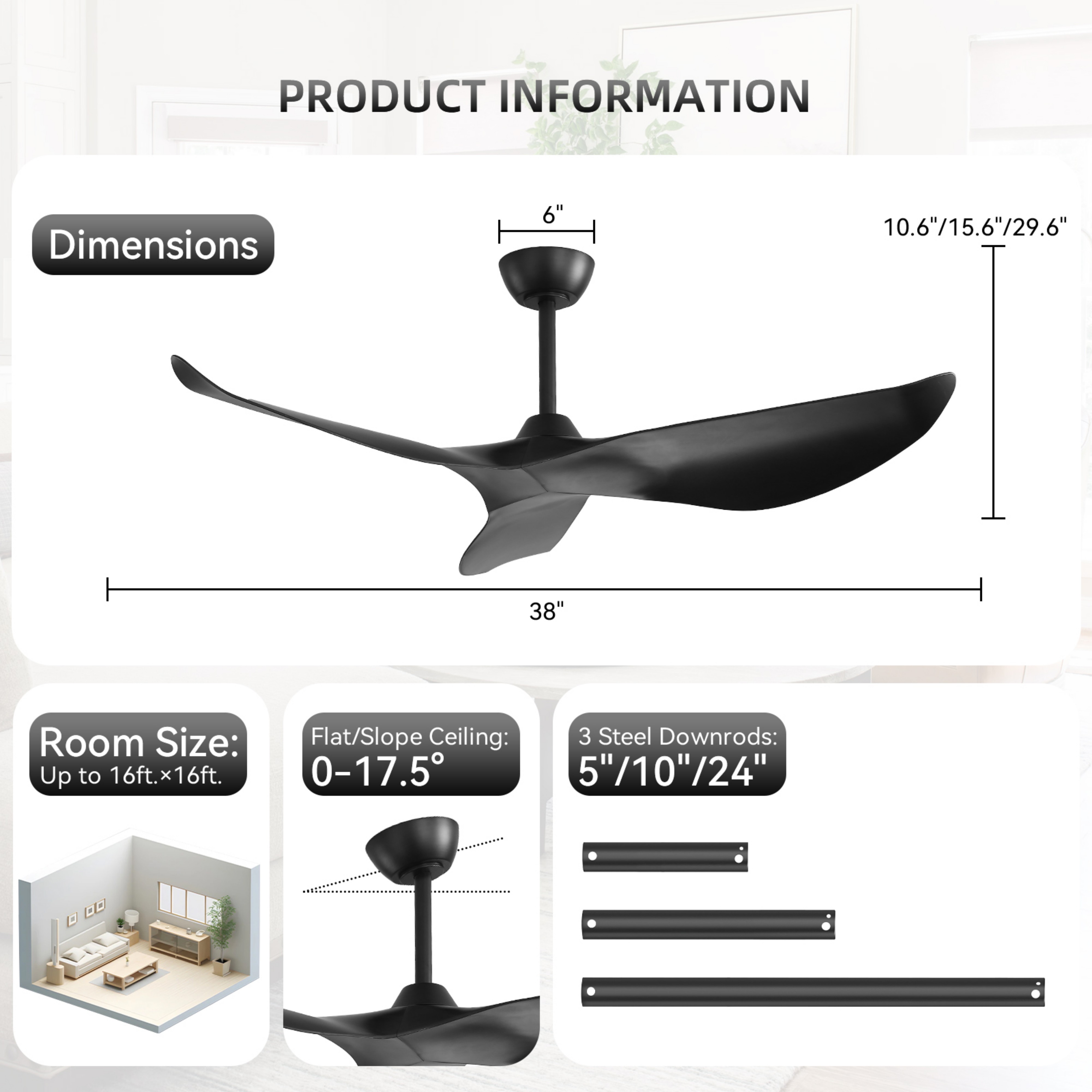 Sofucor 38 Inch Wood Ceiling Fan with Reverse Airflow Remote Control For Living Room Bedroom Dining Room(No Light)