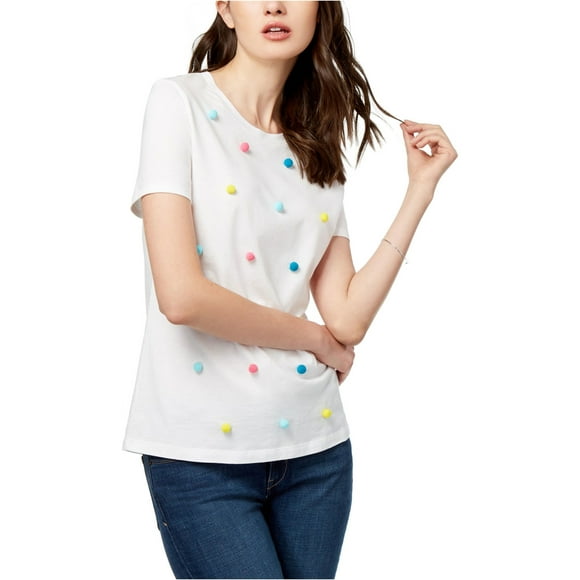 Carbon Copy Womens Pom Pom Basic T-Shirt, White, Medium