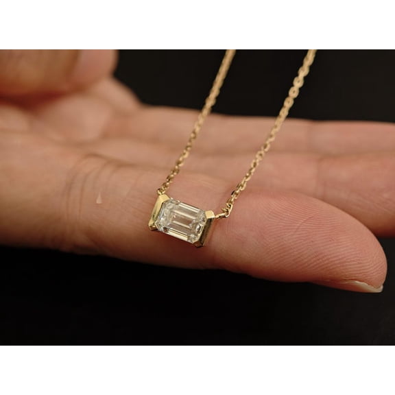 1.00 Ct YG Plated Sterling Silver Emerald Cut Lab Grown Diamond Solitaire Necklace for Women
