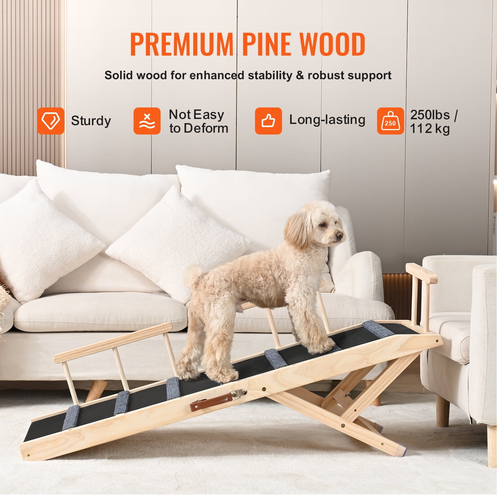 KFFKFF Pet Access Ramp, Foldable Ramp for Pets to Reach Beds, for Various Breeds & Ages, Durable Wood Construction, Extends 47.2", Height Adjusts 13.8"-27.6", Ideal for Furniture & Vehicles