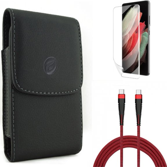 Matte Screen Protector & 10ft PD Cable & Case Belt Clip for Samsung Galaxy S22 Plus (S22 ) - Combo TPU Film Anti-Glare & Type-C to USB-C Charger Cord Power & Leather Holster Cover