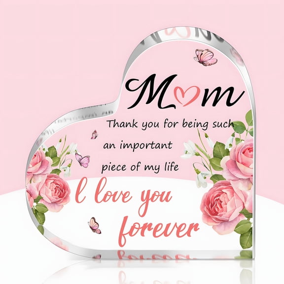 Heart-Shaped Clear Acrylic Keepsake Block - Mother'S Day Birthday Or Thanksgiving Gift From Daughter Or Son 3.9X3.9 Inch Floral And Butterfly With "Mom" Message Mothers Day Gifts For Mom
