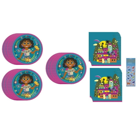 Disney Encanto Birthday Party Supplies Bundle includes 24 Dessert Cake Paper Plates 7", 32 Paper Napkins 6.5", 1 Dinosaur Sticker Sheet
