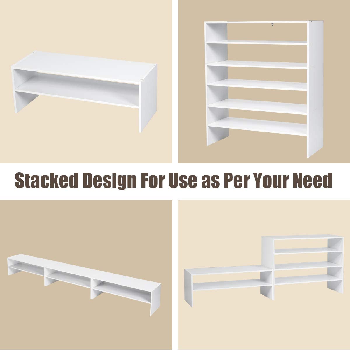 Giantex 3-in-1 Shoe Rack, 5-Tier Shoe Organizer, Wood Storage Shelf for Shoes, Multi-Shape Shoes Shelves Ideal for Entryway Hallway Bathroom Living Room (White)