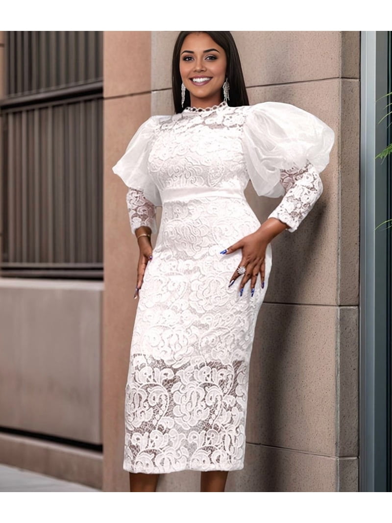 lace pencil dress white UTTOASFAY Womens Plus Size Dresses Women'S Sexy Lace Bodycon Pencil Dress Cocktail Prom Gown Dress White S