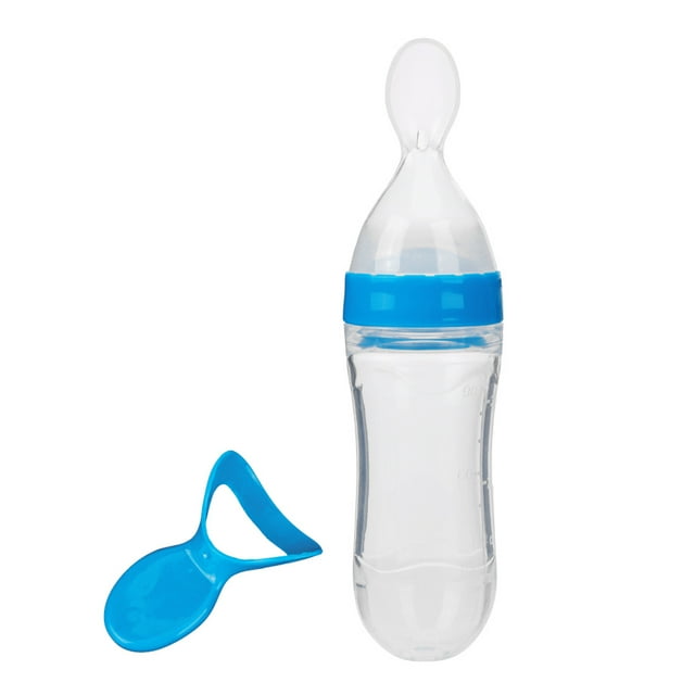 Bottle Baby Spoon Bottle Food 90ml Silicone Baby Toddler With Spoon Food Cereal Squeeze FeederBlue