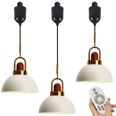 

FSLiving Wooden Iron Brass Handle Pendant Light Height-Adjustable H-Type Track Light 4ft Cord Semicircle Macaron White for Modern Farmhouse Remote Control with LED Bulbs - Set of 3