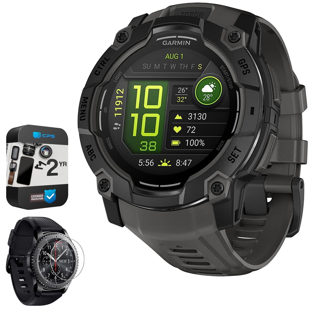 Garmin Instinct 3 - 50 mm Outdoor GPS Smartwatch, AMOLED, Black with Black Band 010-03020-00 Bundle with 2 Year Extended Warranty & Deco Essentials Screen Protector