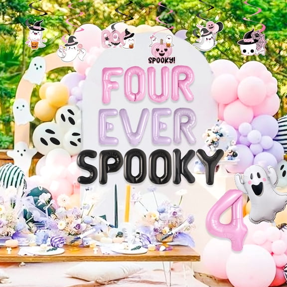 Four Ever Spooky Halloween Birthday Decorations Set - Cute Pink Purple Theme Party Supplies
