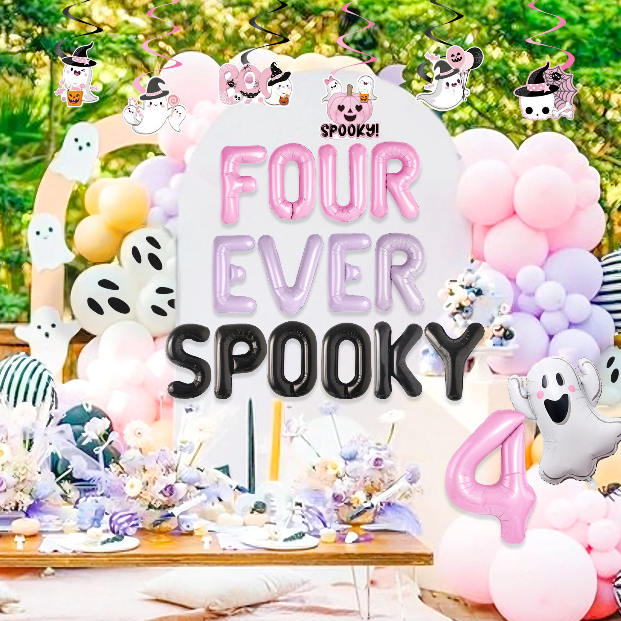 Four Ever Spooky Halloween Birthday Decorations Set - Cute Pink Purple Theme Party Supplies
