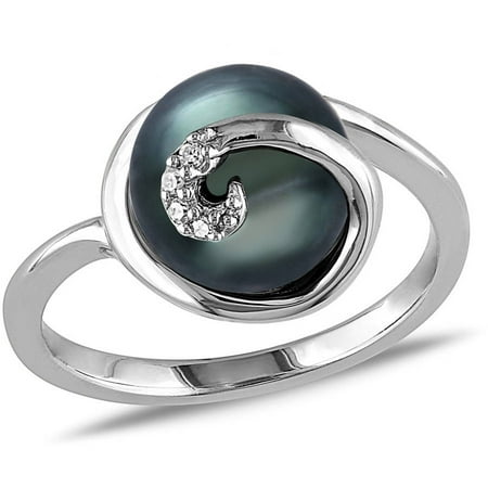 9-9.5mm Black Tahitian Pearl and Diamond-Accent Sterling Silver Cocktail Ring