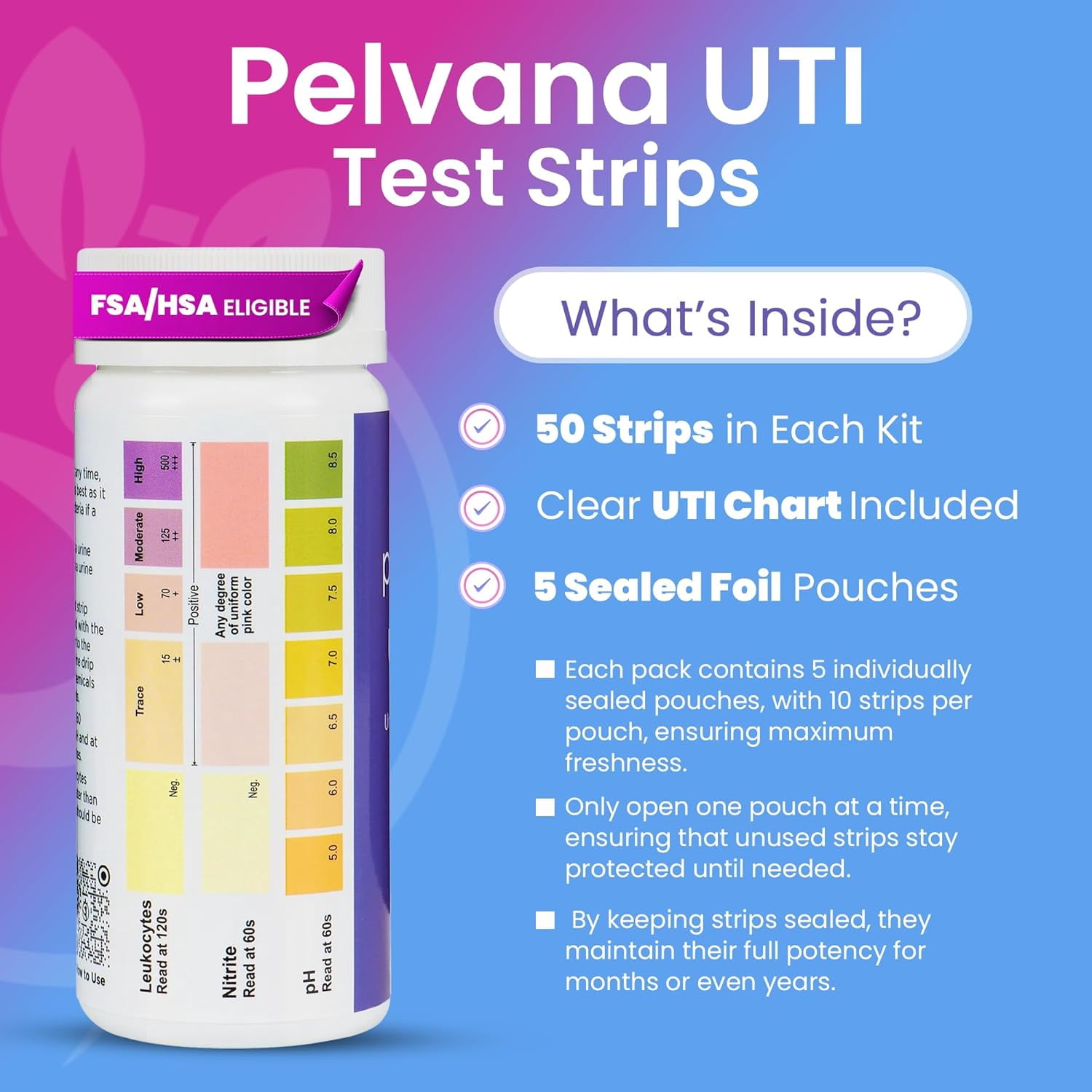 Pelvana Urinary Tract Infection Test Strips, 50-Count, 3-Parameter Nitrite, Leukocytes and pH Readings, At-Home UTI Urine Test for Women