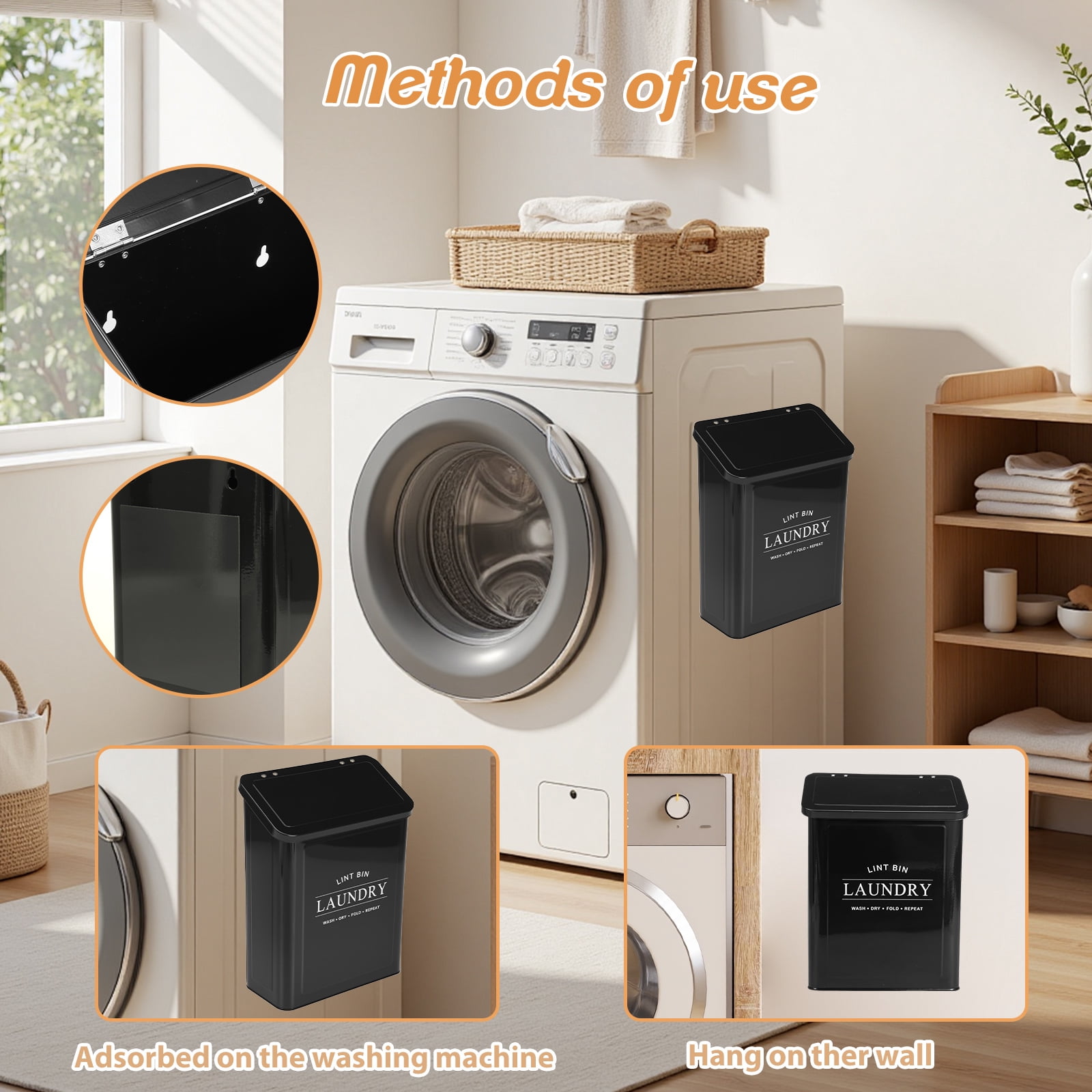 FUYGRCJ Magnetic Lint Bin for Laundry Room, Laundry Dryer Lint Bin, Metal Lint Container with Lid and Lint Brush, Wall Mounted Lint Holder Box for Dryer, Space-Saving Laundry Metal Trash Can