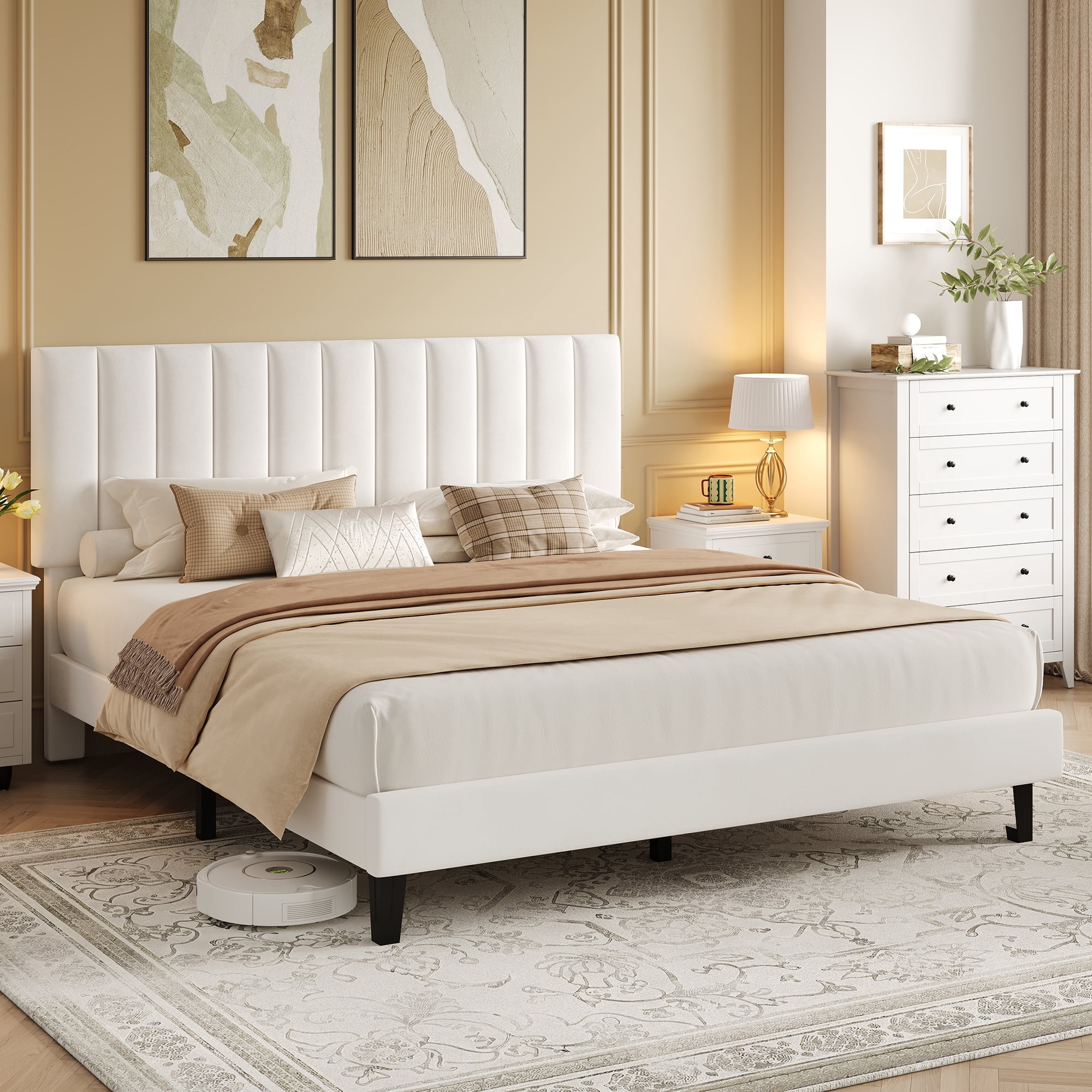 Queen Bed Frame with Adjustable Headboard, Velvet Upholstered Platform Bed Frame Queen Size, Strong Wooden Slats, No Box Spring Needed, Easy Assembly, White