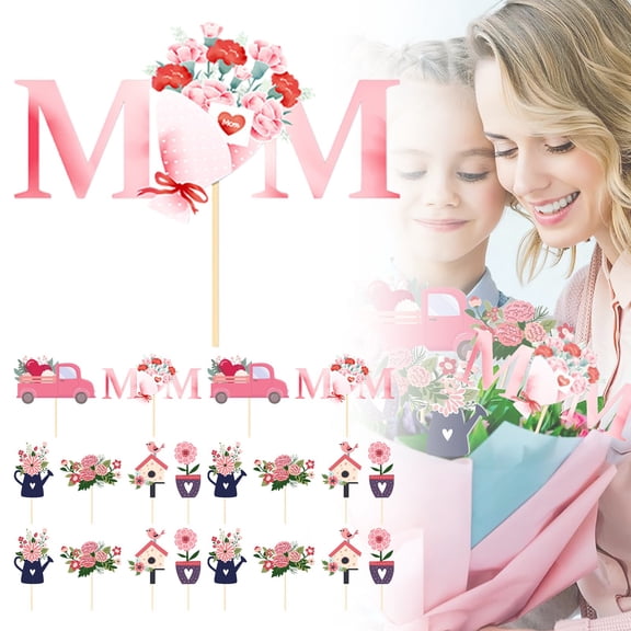 20 Pcs Happy Mothers Day Cake Topper Mother's Day Heart Floral Picks Mom Cake Toppers Signs Sticks Tabletop Centerpiece Decoration for Home Vase Filler Mom Birthday DIY Photo Prop Party Supplies