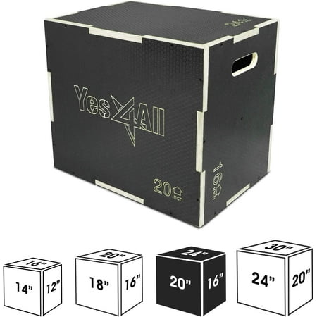 Yes4All 3-in-1 Wooden Plyo Box, Non Slip Surface with Hex Grip, Three Different Height, 16" 14" 12", Black Color
