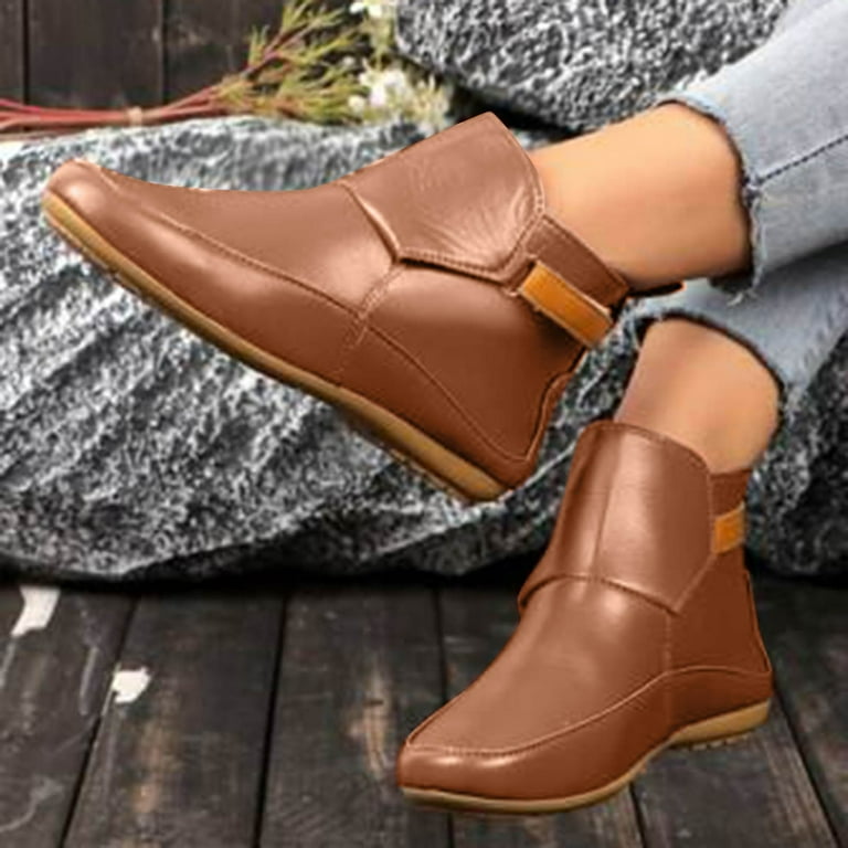 Dakaela Ankle Boots for Women No Heel Retro Slip on Walking Shoes - Main Image