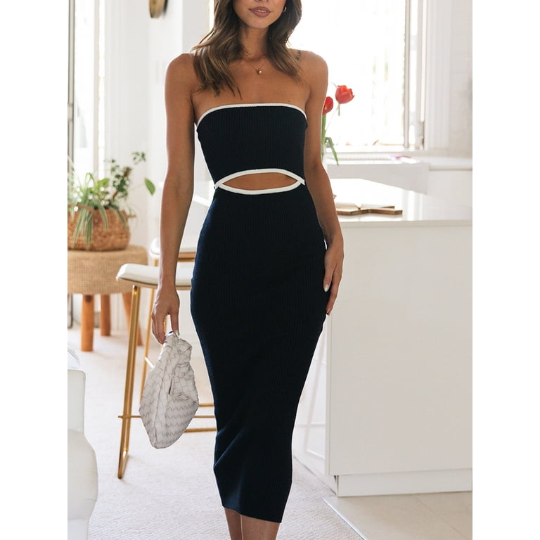 Women Tube Top Dresses Knit Strapless Cut Out Striped Midi Bodycon Dress  Summer Backless Fitted Long Beach Dresses - Walmart.com