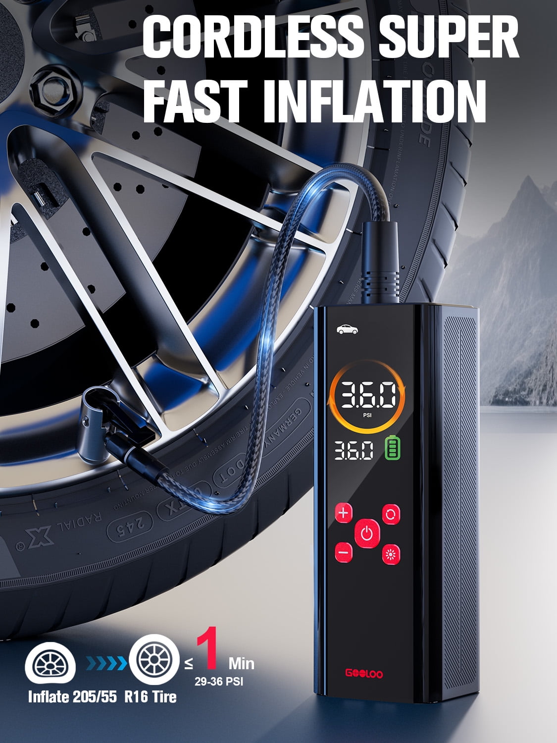 GOOLOO AP150 PRO Cordless Compact Tire Inflator, 4X Faster 150 PSI Portable Air Compressor with 7500mAh Battery, Color LED Display, Auto Shut-Off, Pressure Gauge and LED Light for Car, Bike, Ball