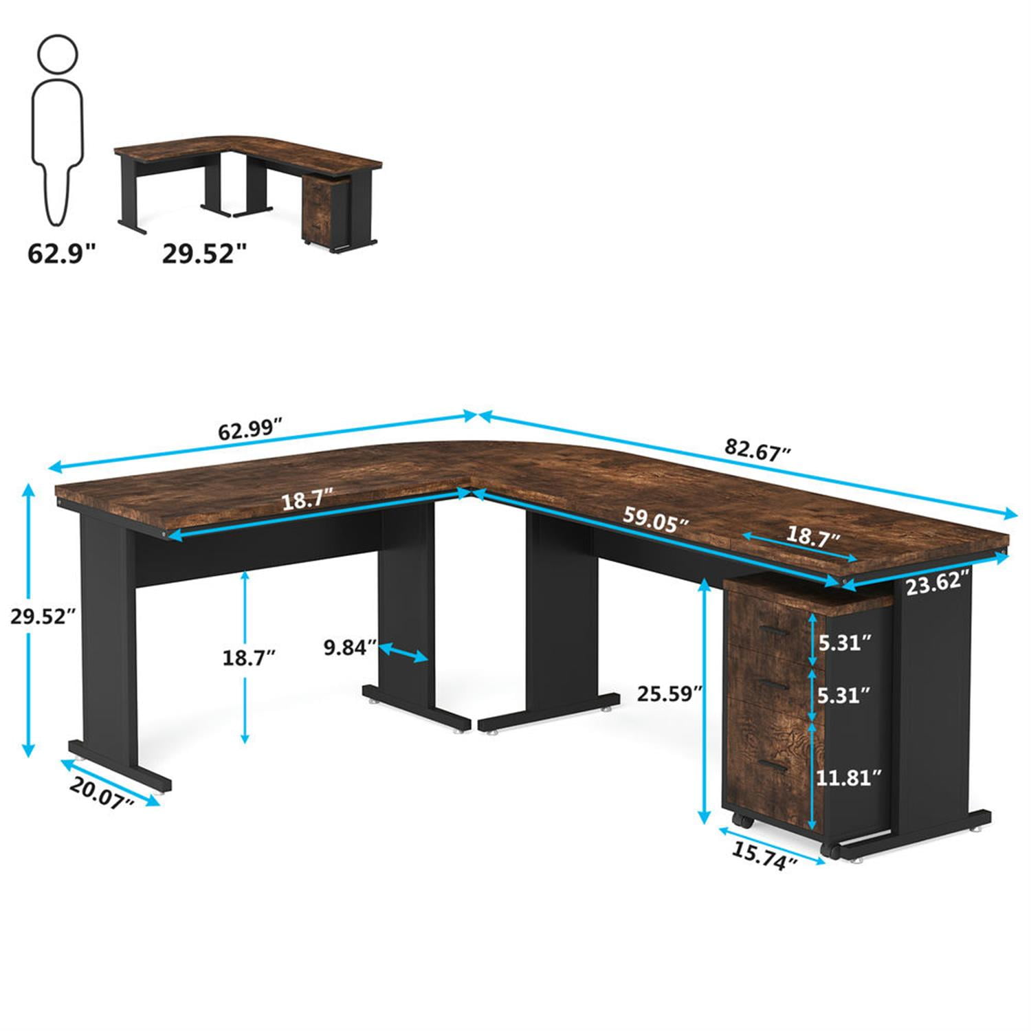 Demi Bonn Modern L Shaped Gaming Desk, 83" Industrial Corner Executive Desk with Mobile File Cabinet for Home Office, Brown
