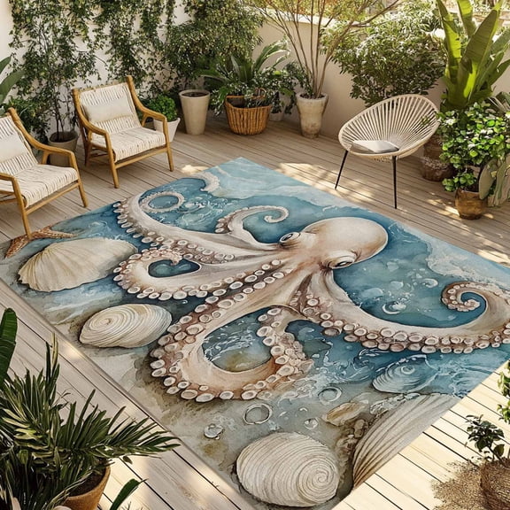 Ocean Octopus Outdoor Rug 6x9 Ft - Reversible Patio Rug Outdoor Camping Rugs, Coastal Shell Watercolor Nautical Washable Indoor Outdoor Area Rugs, Non-Slip Outdoor Carpet Runner for Deck/Porch